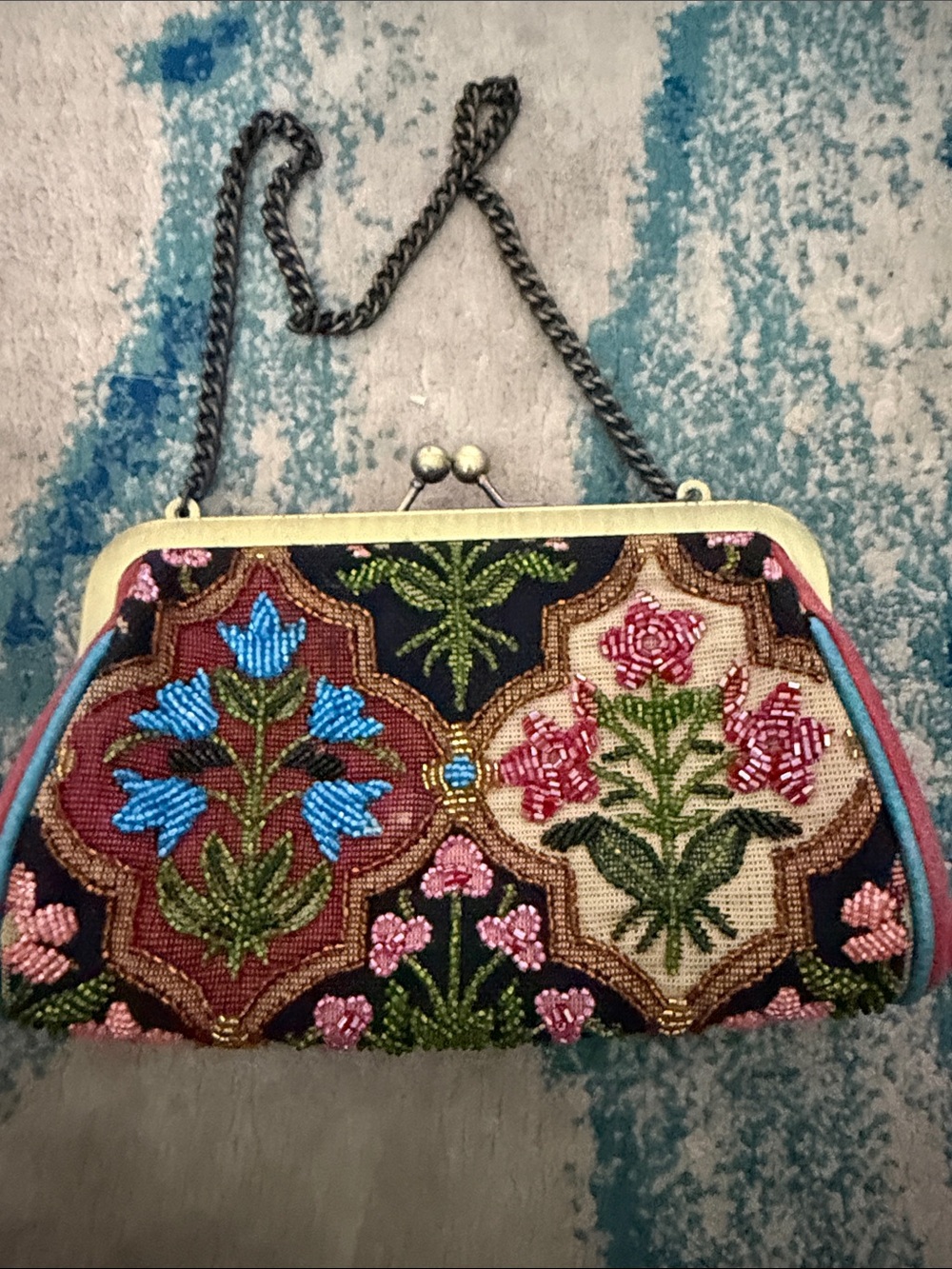 Isabella Fiore Black Multicolor Beaded Floral Frame Clutch